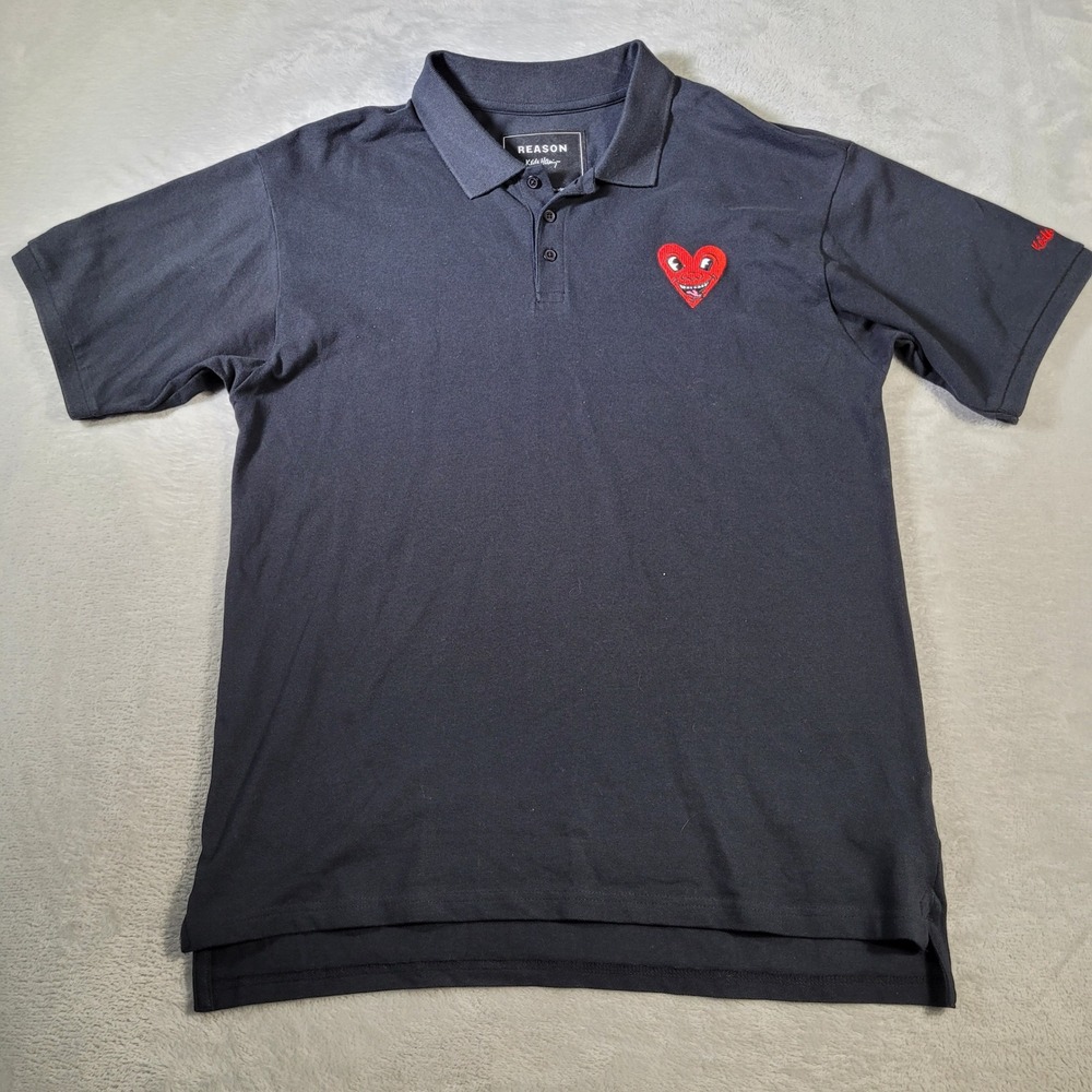 Reason x Keith Haring Polo Shirt Mens Large Black Red Heart Embroidered KHR-25